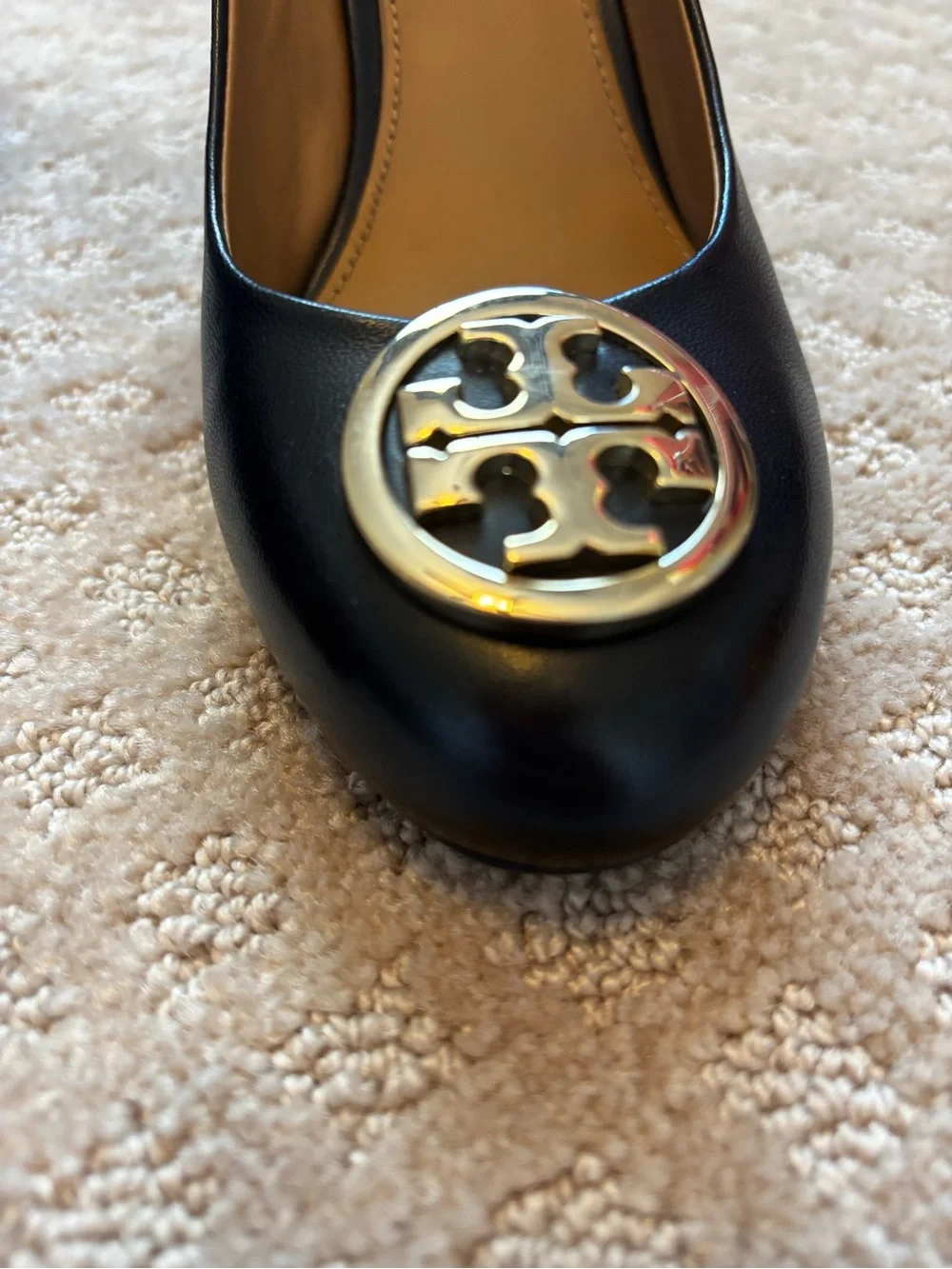 Tory Burch Black Leather Closed Toe Wedge with Gold Logo Disc size 7